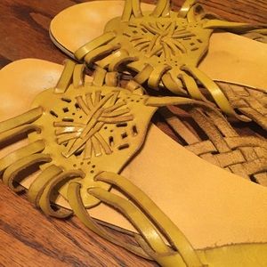 Mustard yellow woven leather cut out sandals flats